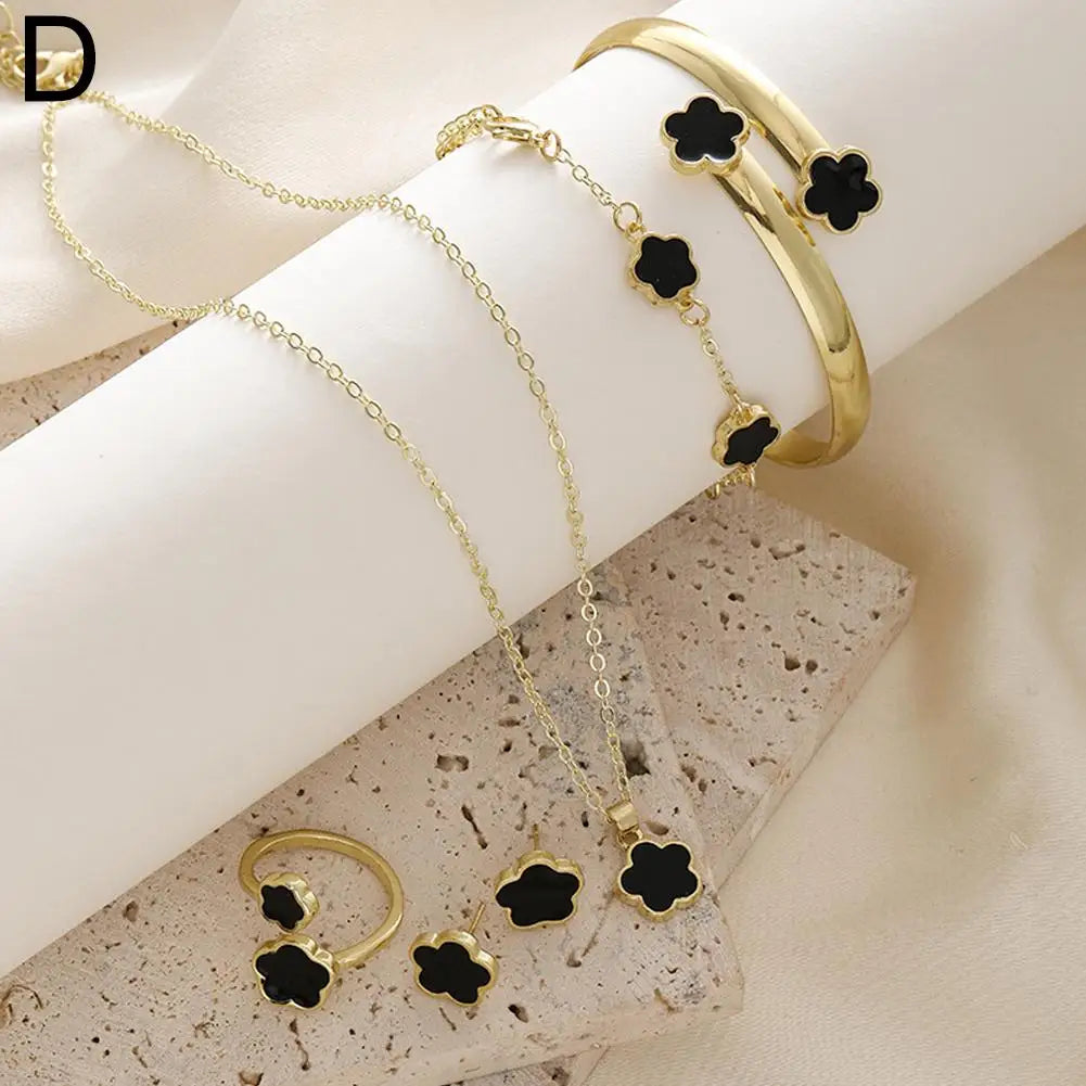 5 peças/set conjuntos de jóias - flor, ameixa, planta cinco folhas - brincos, anéis, pulseira, colar