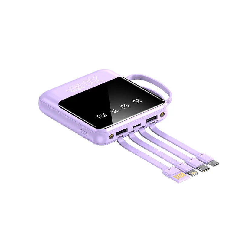 Mini Power Bank 20000mAh com Cabos Embutidos, Display Digital e Luz LED