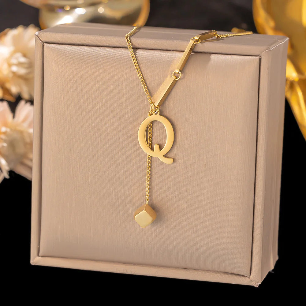Colar de pingente de letra inicial de aço inoxidável cor dourada - corrente A-Z alfabeto 45cm