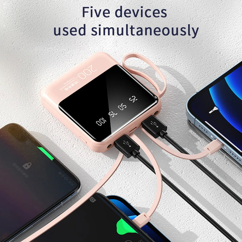 Mini Power Bank 20000mAh com Cabos Embutidos, Display Digital e Luz LED