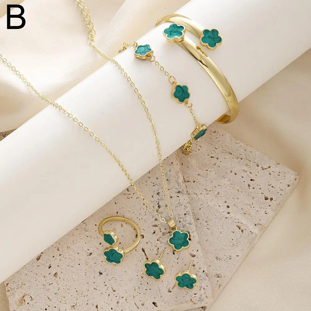 5 peças/set conjuntos de jóias - flor, ameixa, planta cinco folhas - brincos, anéis, pulseira, colar