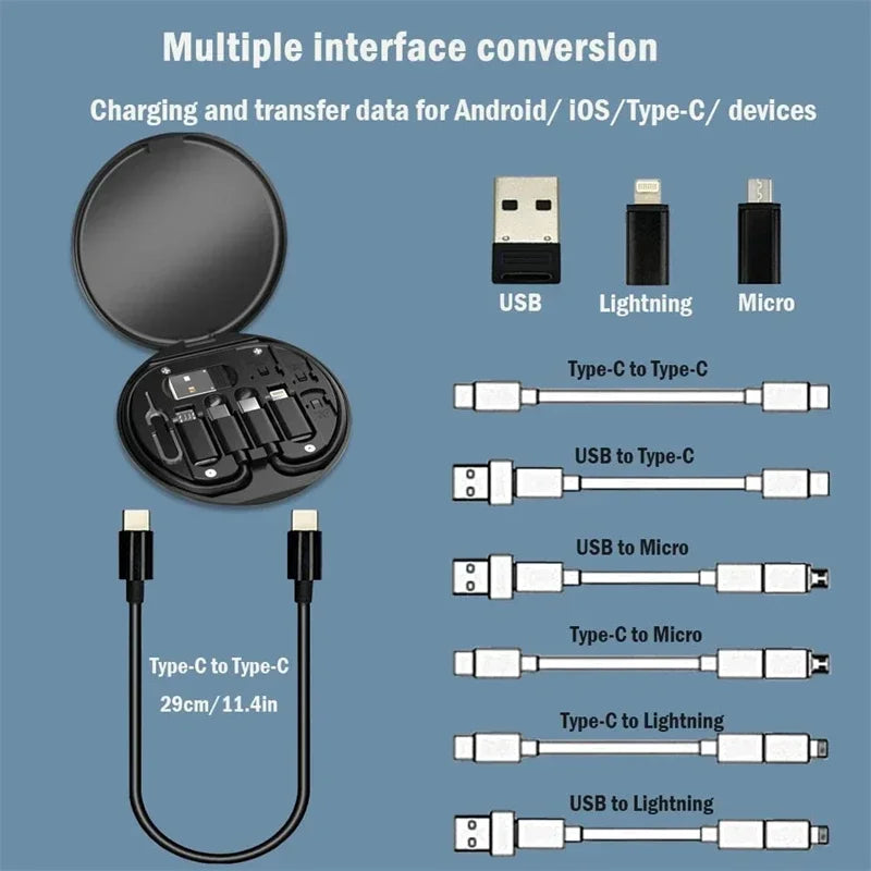 60W Type-C para USB C para Micro para Lighting Kit adaptador de cabo de carregamento rápido para iPhone 14 13 15 Pro Carregador OTG Caixa de armazenamento múltiplo