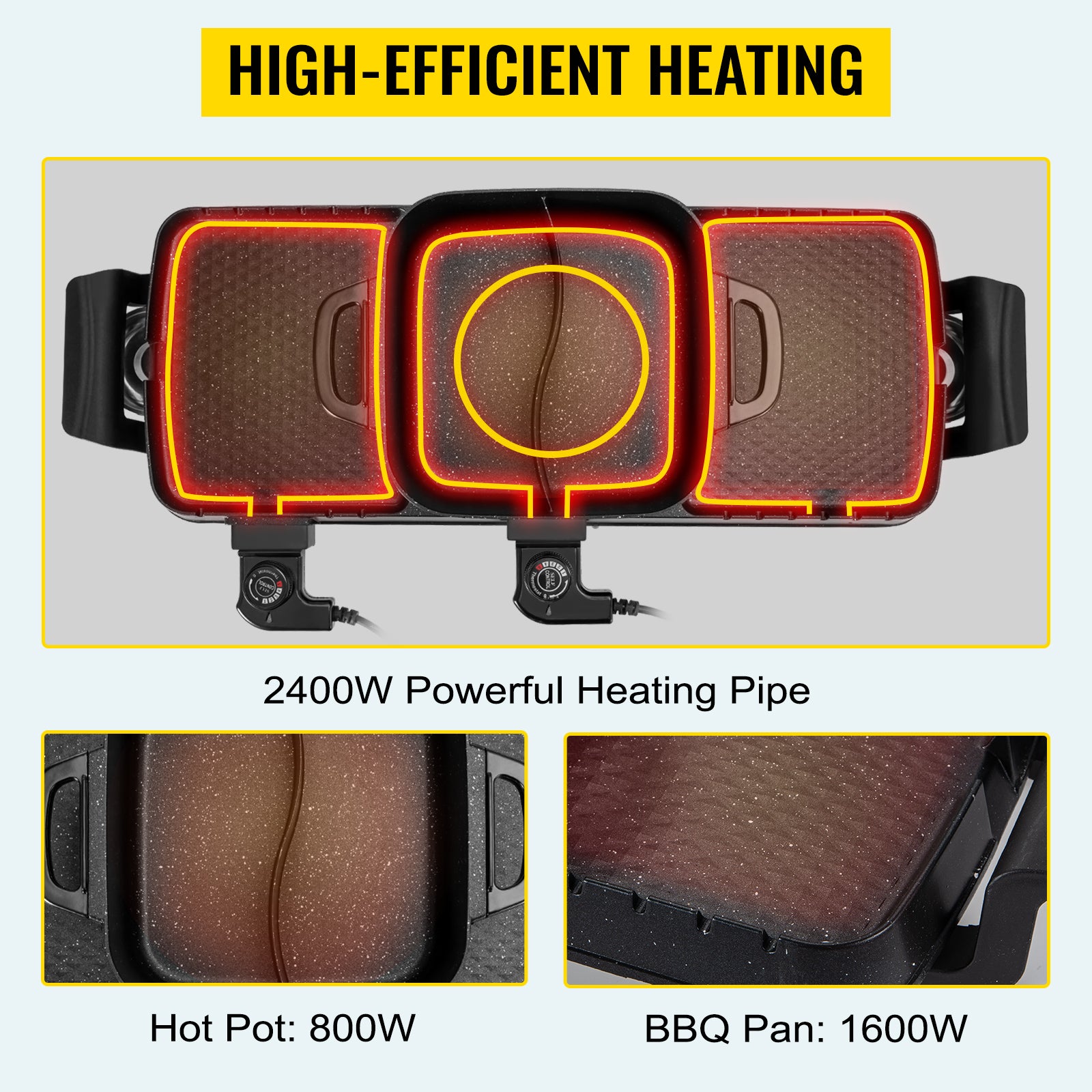 VEVOR 2-1 Churrasqueira Elétrica 2400W Multifuncional Portátil Antiaderente e Sem Combustão Destacável Placa de Churrasco