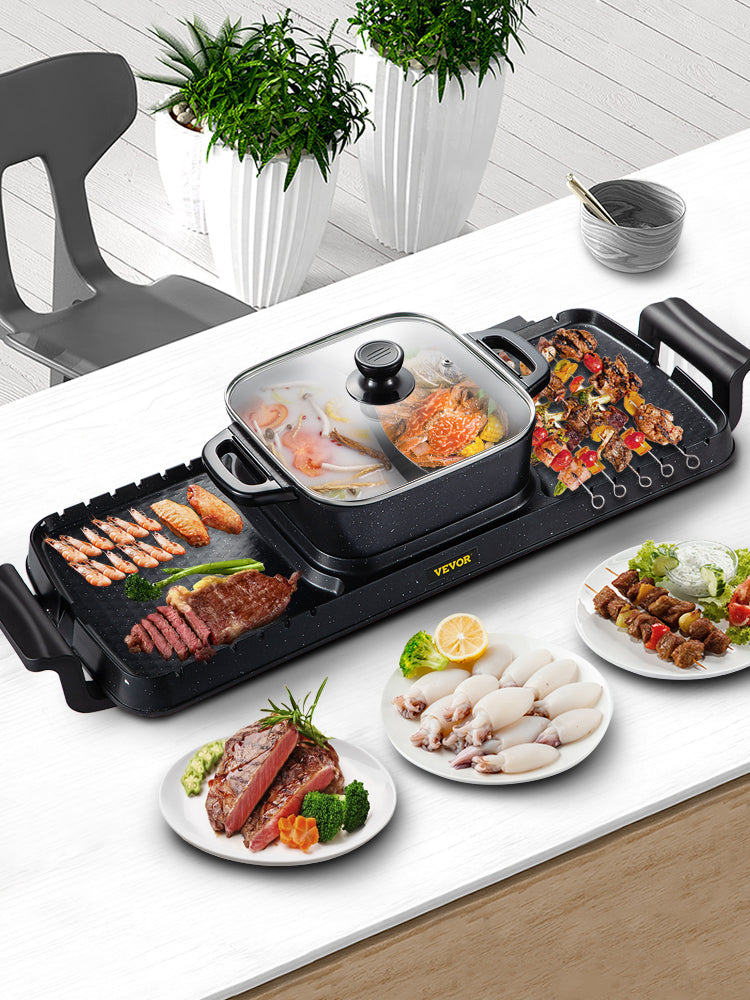 VEVOR 2-1 Churrasqueira Elétrica 2400W Multifuncional Portátil Antiaderente e Sem Combustão Destacável Placa de Churrasco